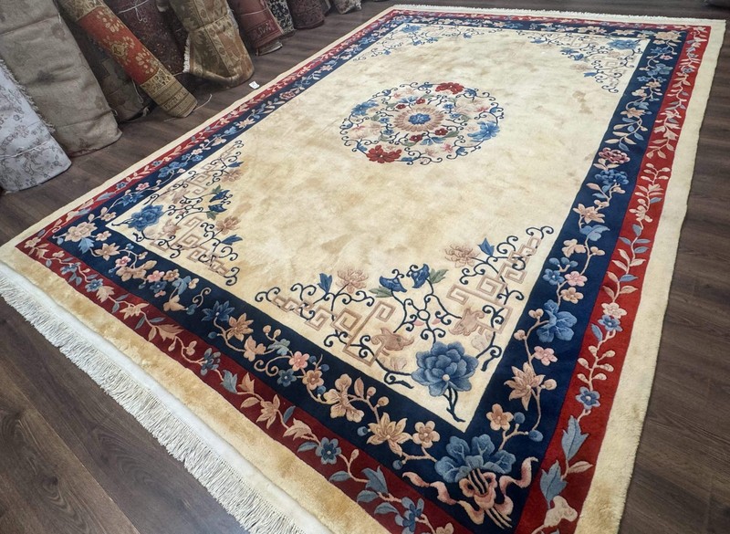 Chinese Rug 10x14 – Cream and Navy, 90 Line Vintage Wool Carpet gallery