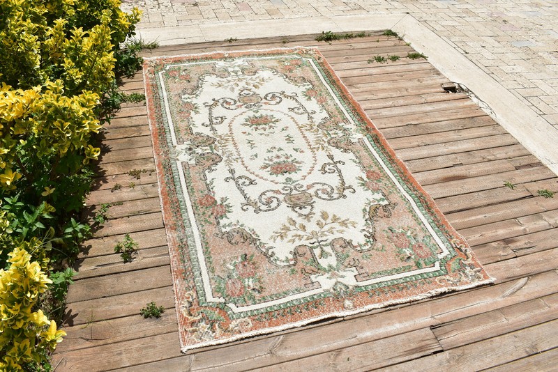 Turkish Rug 44''x78'' Vintage Light Muted Color Oushak Floral Carpet 112x200cm gallery