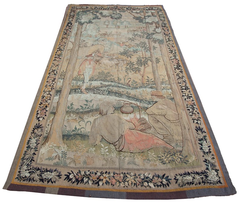 5x9 Antique French Verdure Figural Woven Tapestry 152cmx269cm Signed 1900 gallery