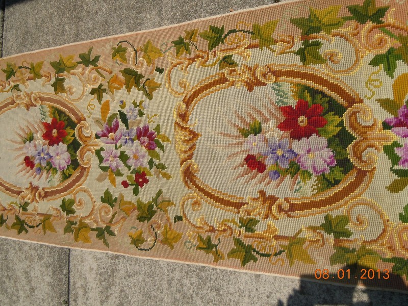 OLD French Floral Garland Bouquets Medallion Tapestry Needlepoint 10 ft Runner gallery