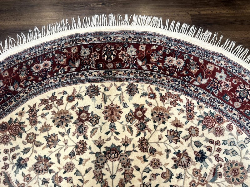 Round Sino Per'sian Rug 8x8, Wool and Silk, Floral Medallion, Ivory Dark Red gallery