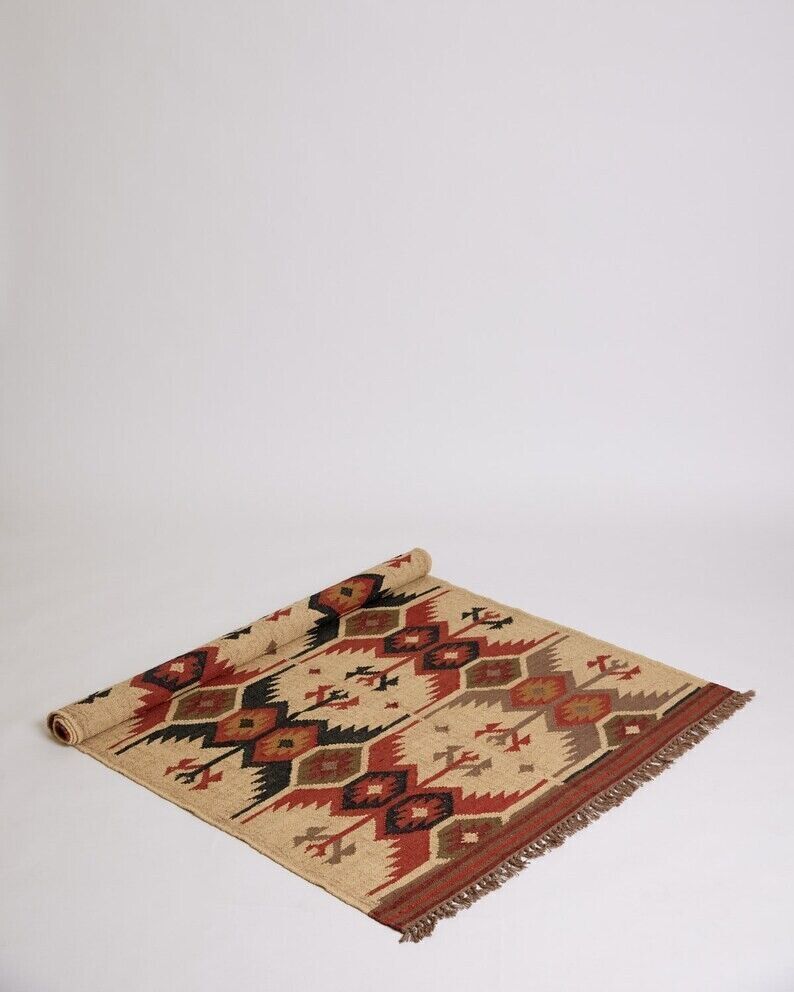 Rectangle Rug Vintage Wool Jute Area Accent Hallway Kilim Oriental Rug Runner