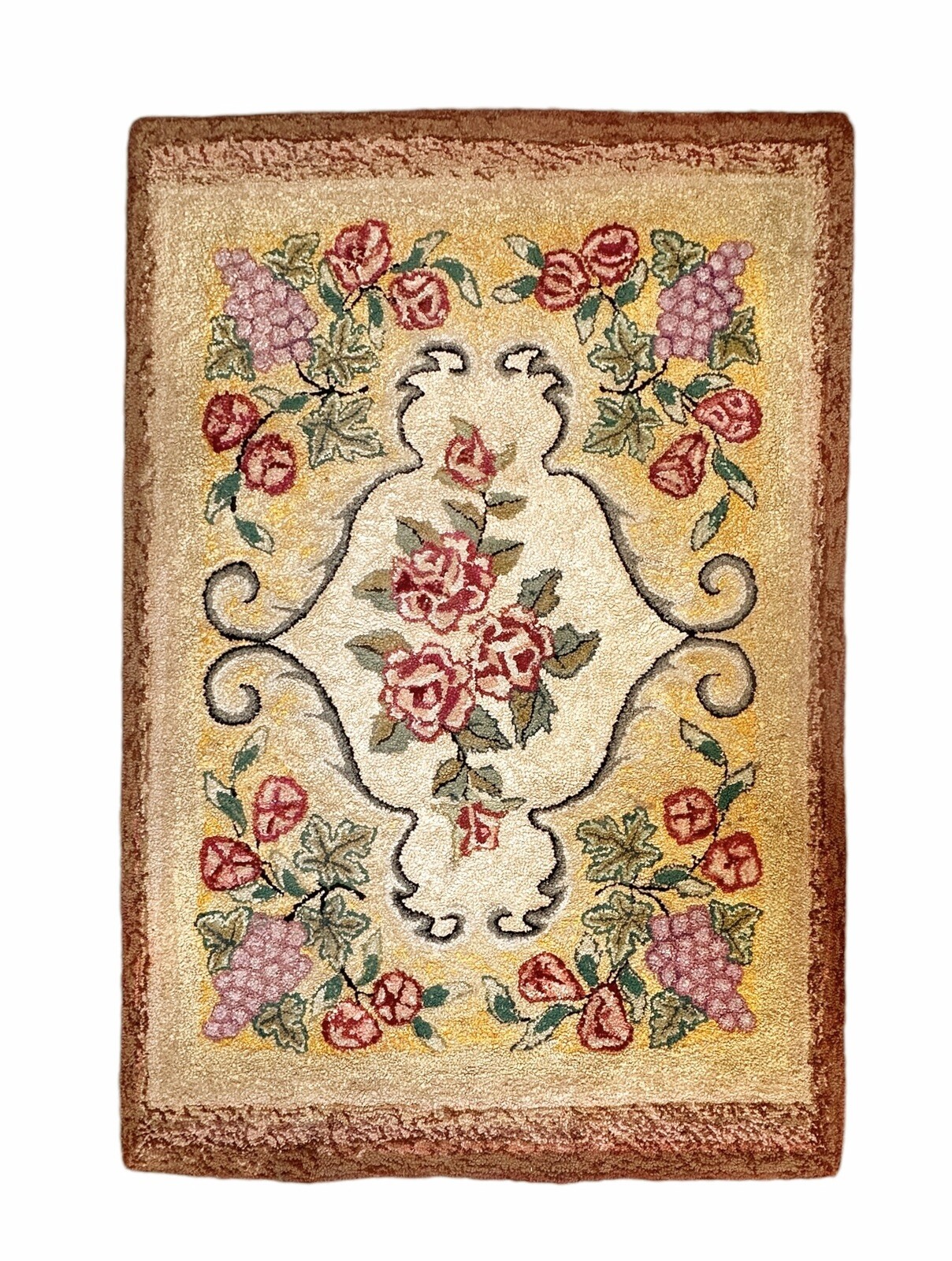 Antique Hooked Rug Grape Clusters Roses. 39x57 gallery