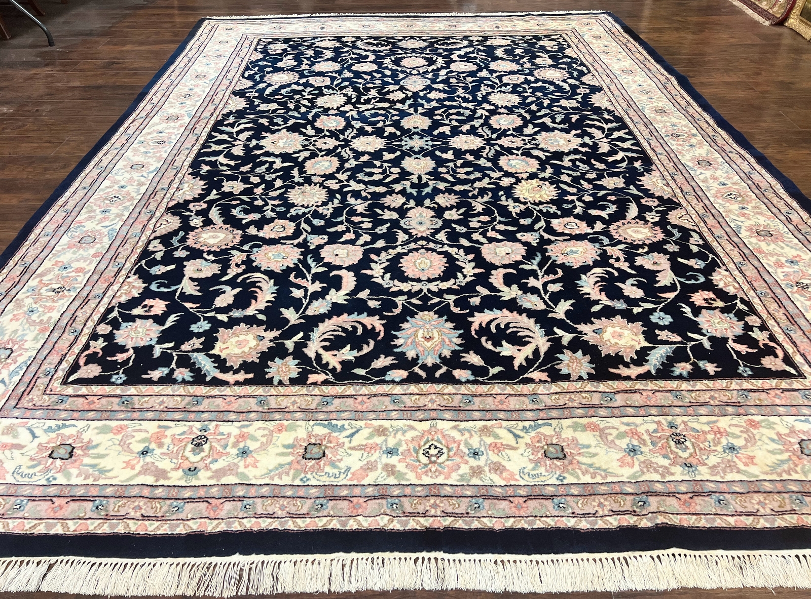 Indo Per'sian Rug 9x12 Navy Blue Ivory Floral Vintage Wool Carpet Handmade gallery