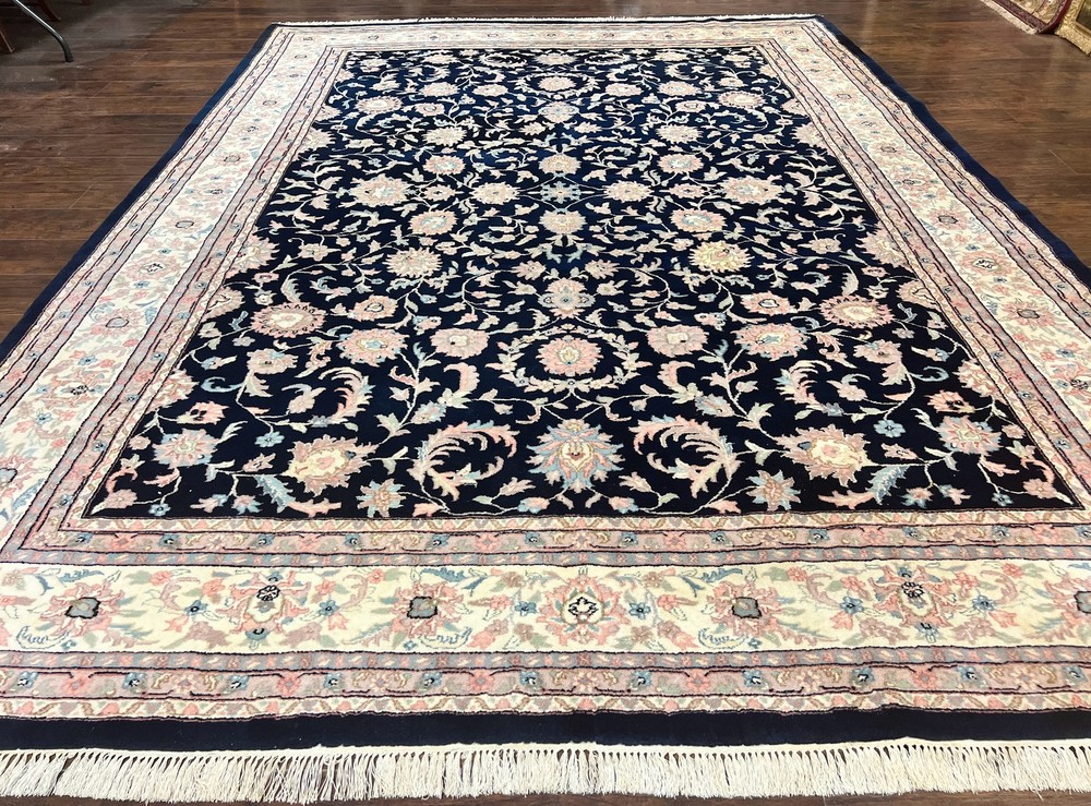 Indo Per'sian Rug 9x12 Navy Blue Ivory Floral Vintage Wool Carpet Handmade