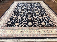 Indo Per’sian Rug 9×12 Navy Blue Ivory Floral Vintage Wool Carpet Handmade