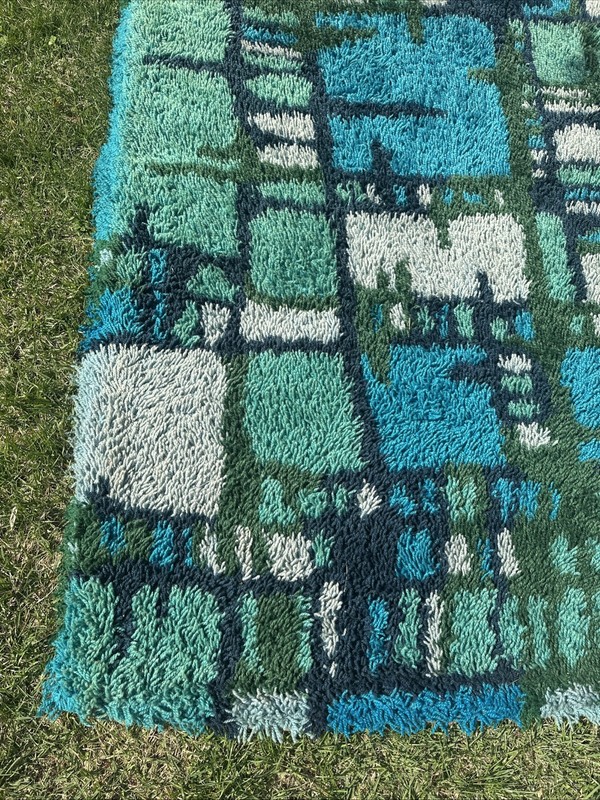 VTG 1960’s DANISH Rya Abstract Area Rug 6’x4’ Green Blue Mondrian Design Shag gallery
