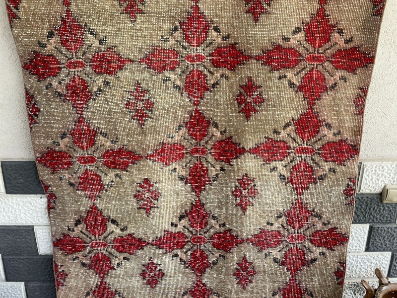 Vintage Turkish Area Rug 4x7 ft | Hand-Knotted Wool Carpet Bold Geometric Tribal gallery