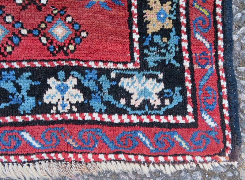 ANTIQUE CAUCASIAN KARABAGH VILLAGE RUG. SIGNED NAME BY WEAVER. 194CM X 117CM. gallery