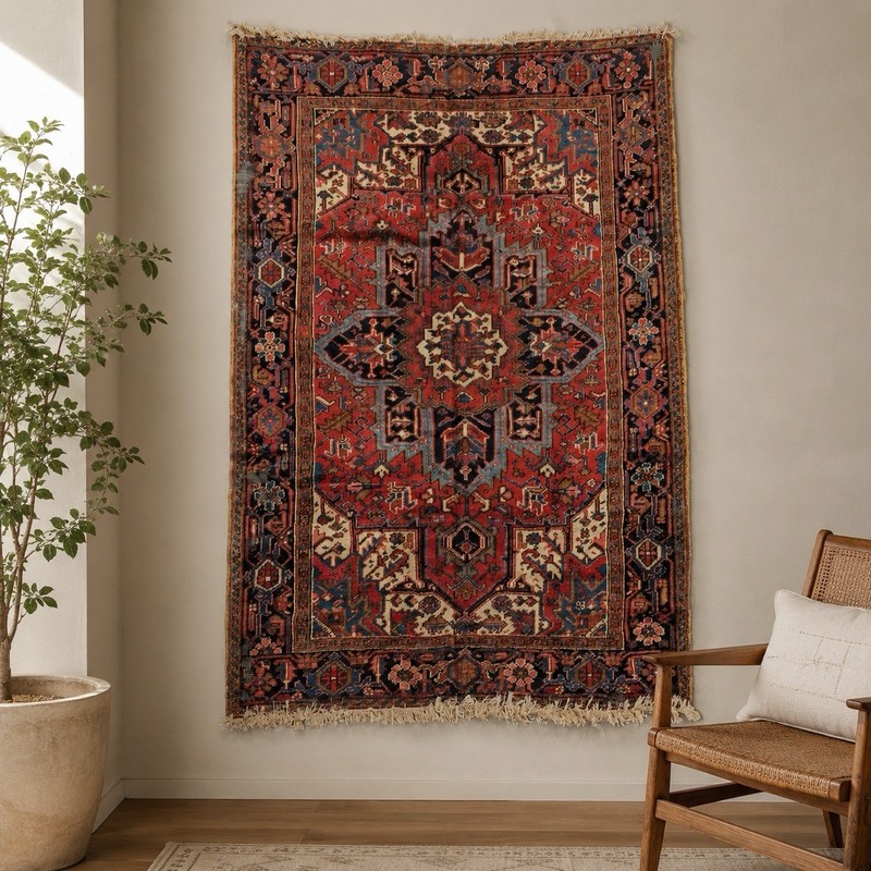 Vintage Heriz Handmade Wool Area Rug 8’6” x 6’7” Distressed Red Geometric Carpet gallery