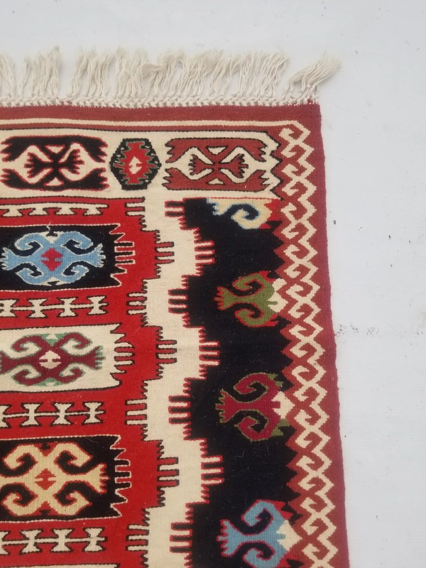 Vintage Traditional Handmade Turkish Wool Red Kilim Rug 4.5x2.2ft gallery