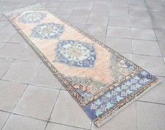 Vintage Turkish Rug 37” x 136” Muted Dye Oushak Runner Rug Hand-knotted Rug