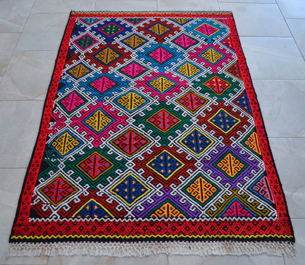 3x5 Rug Hand Made Turkish Rug Vintage Colorful Kilim Rug Actual 3'4" x 5'