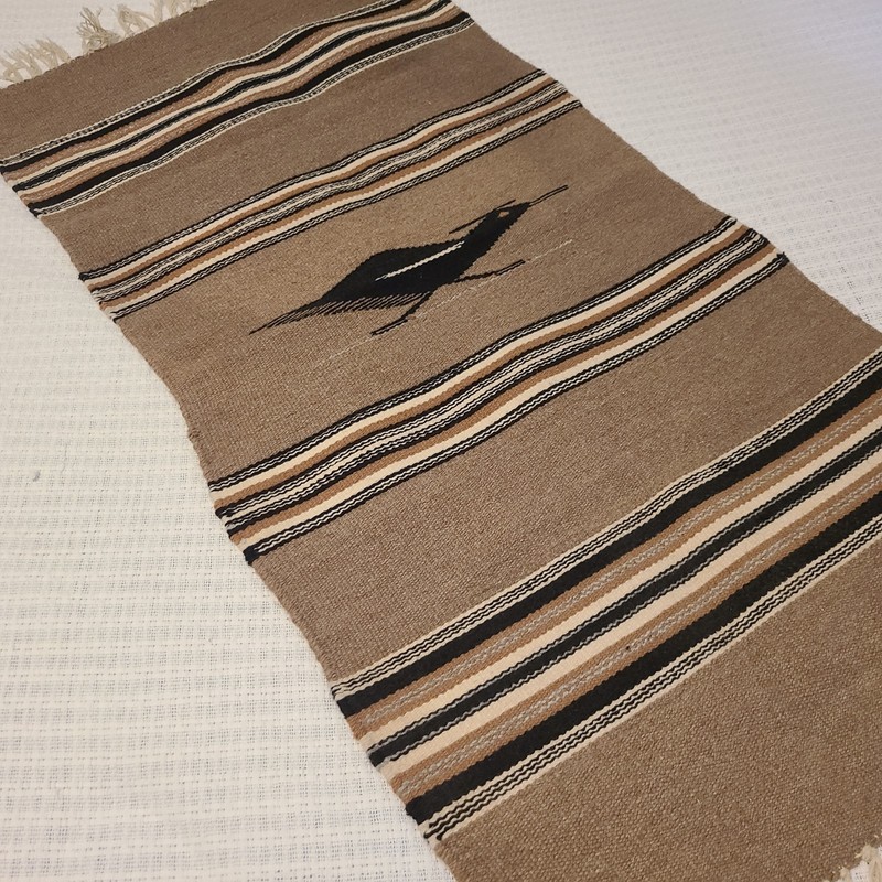 Vtg Ortega's Tan Handwoven Wool Rug Table Runner Roadrunner Southwest Chimayo NM gallery