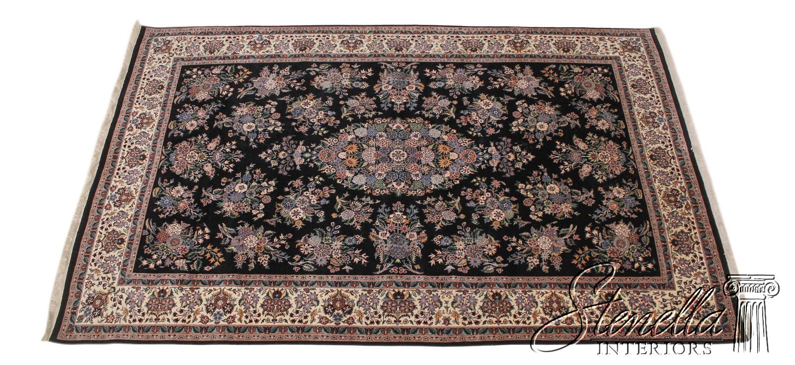 LF58038EC: Black Floral Print 100% Wool Hand Woven 6x9 Rug gallery
