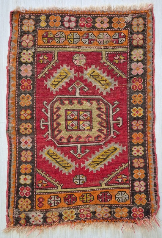 90 Yo Antique Central Anatolian Wool Rug Fragment, Natural Dyes 25x38'' gallery