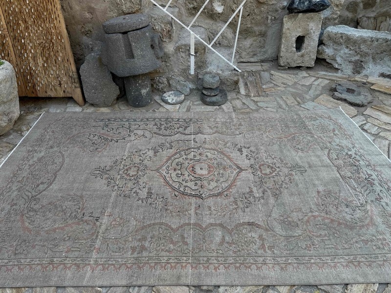 Vintage Large Geometric Rug 6x10 Gray Hand-Knotted Turkish Carpet Muted Anatolia gallery