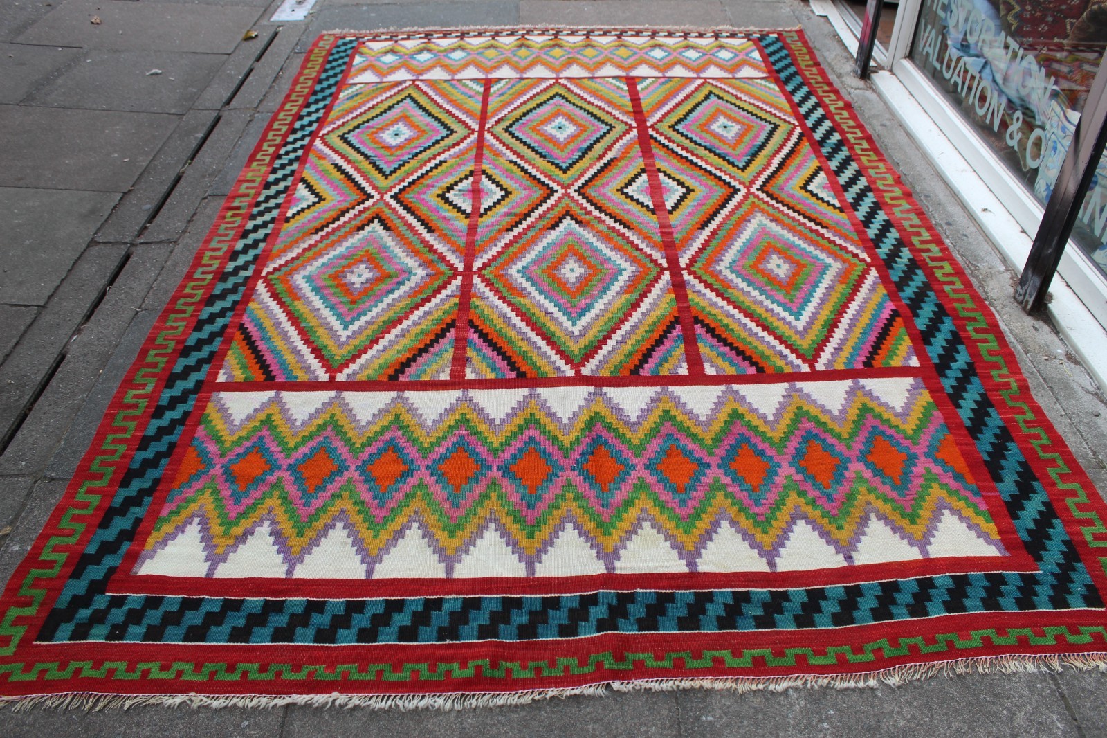 Kilim Vintage Traditional Hand Made Oriental Red Green Wool Kilim 310x202cm gallery