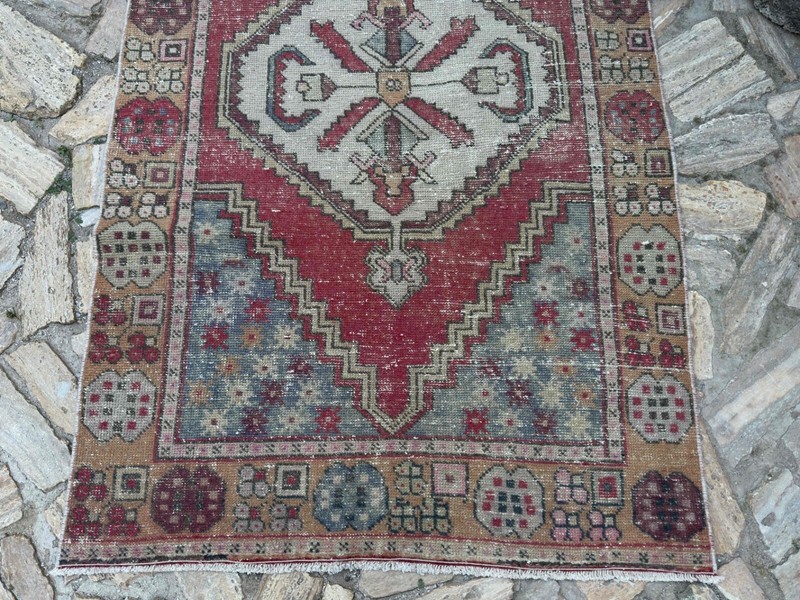 Hand-Knotted Vintage Area Rug 4x9 Red Wool Geometric Carpet Muted Medium Size gallery