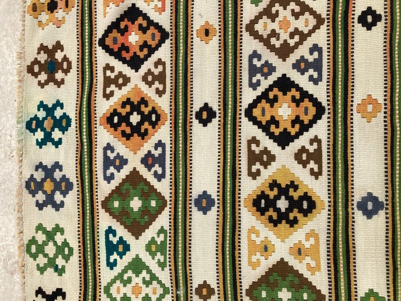 Vintage Handmade Turkish Anatolian Striped Diamond Wool Kilim Rug 241x141 cm gallery