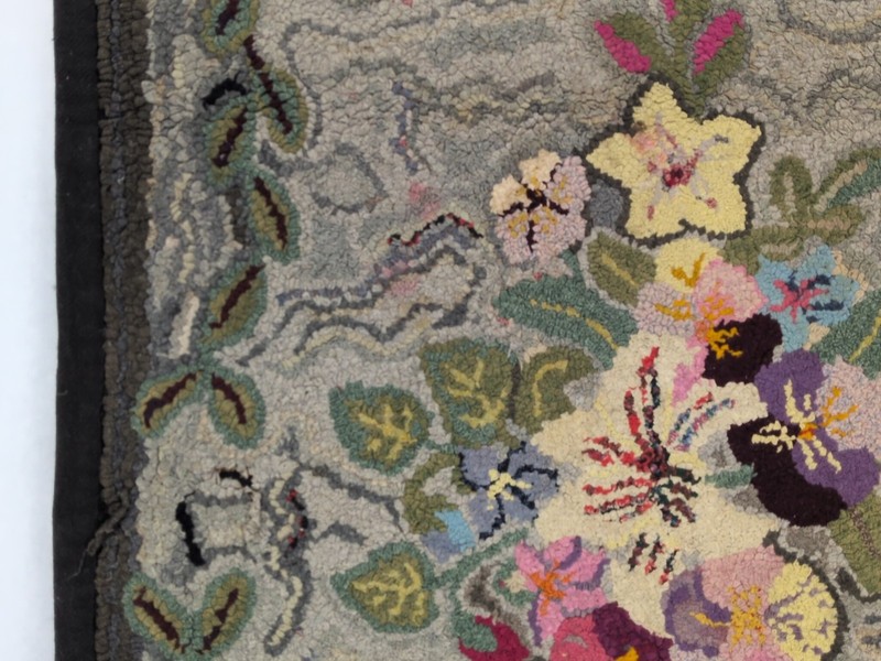 VTG Antique Hooked Rug 42"X27". Wool Floral Flowers Cottage gallery