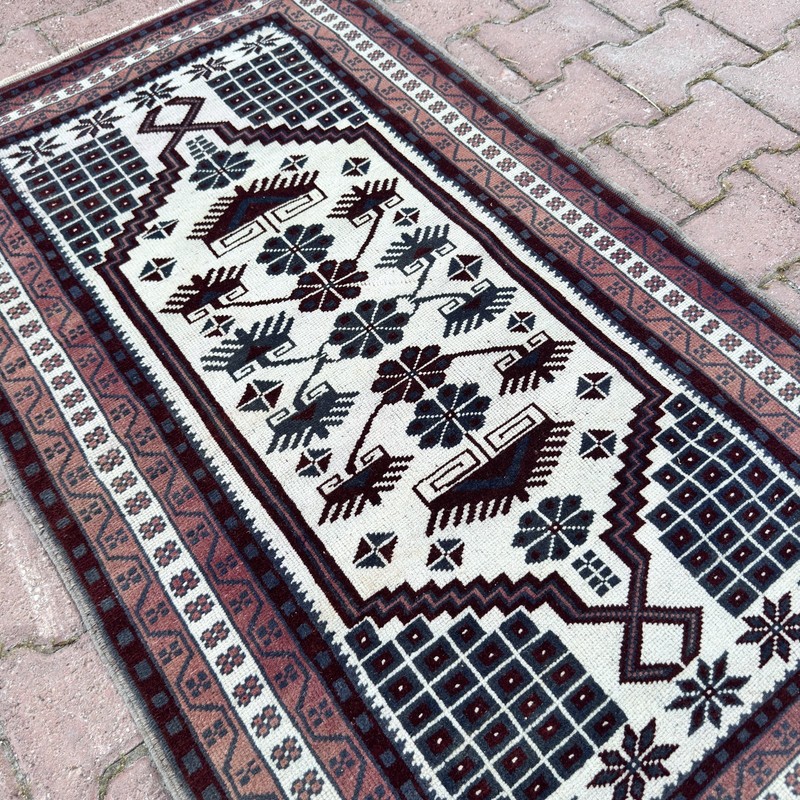 Burgundy Ivory 2x4 ft Vintage Turkish Wool Small Oriental Rug - Tariff Free gallery
