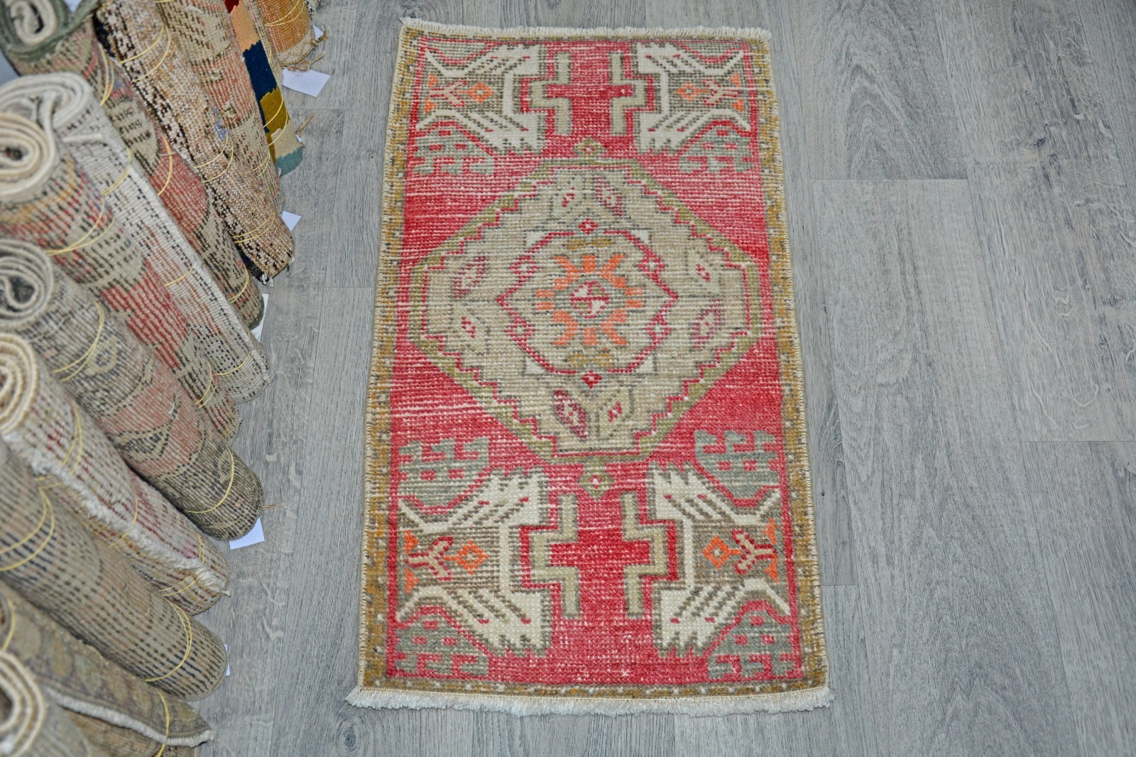 Vintage Turkish Oushak Rug 1'6x3'1 ft, Red Beige Vivid Colors, Tribal Modern Rug gallery