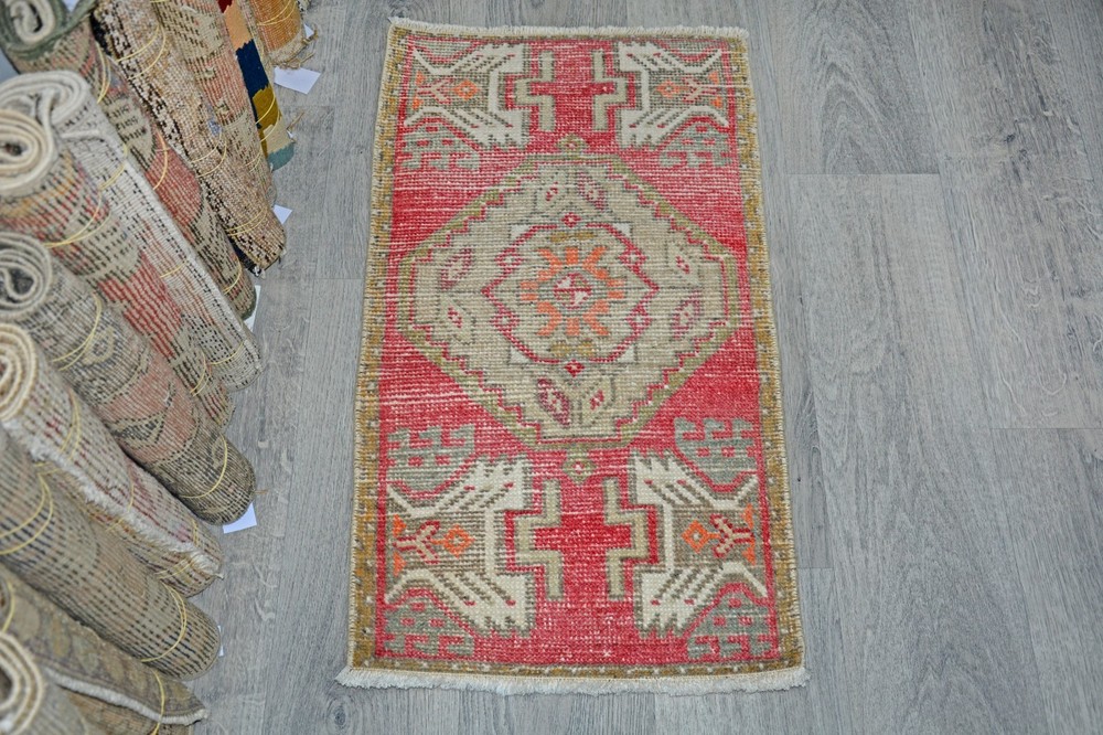 Vintage Turkish Oushak Rug 1'6x3'1 ft, Red Beige Vivid Colors, Tribal Modern Rug