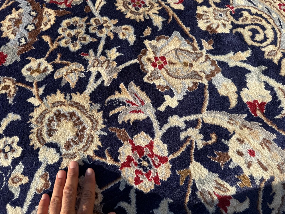BLUE ANTIQUE ORIENTAL RUG 8x12 silk wool vintage fine handmade navy white 9x12