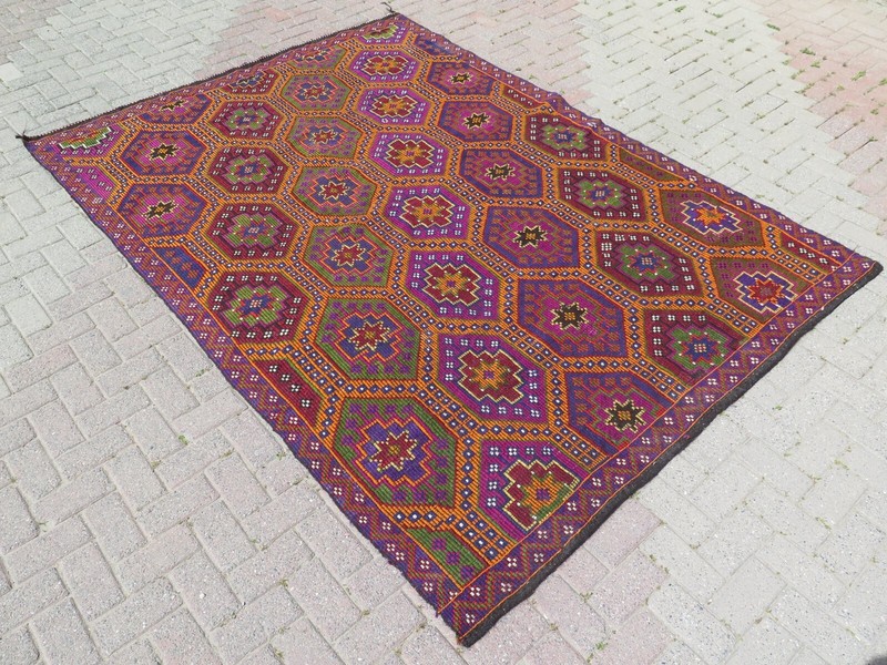 Boho Rug, Area Rugs, Turkish Kilim, Embroidery Rug, Handmade Wool Carpet77"x107" gallery
