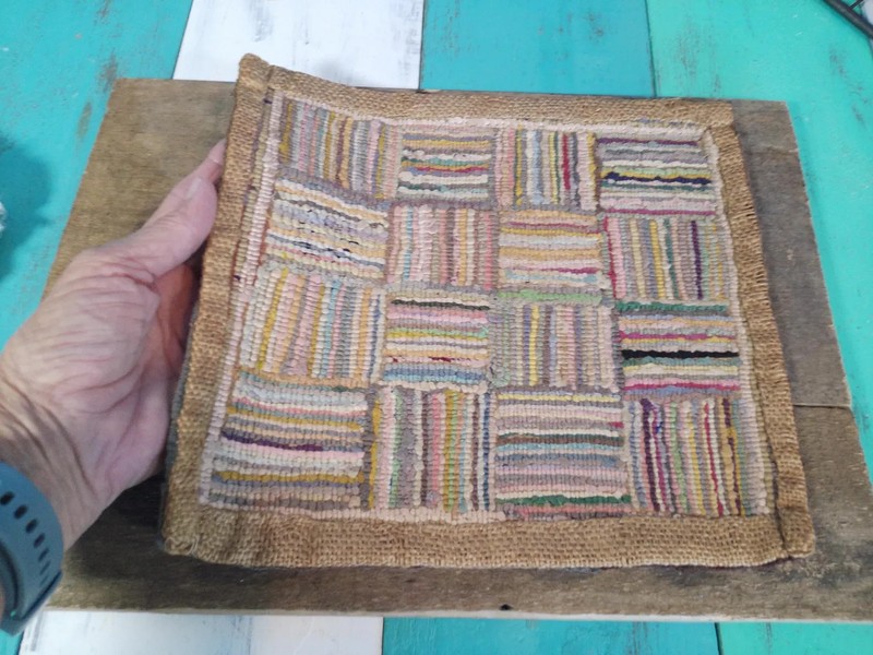 Vintage Miniature Hand Hooked Rag Rug on Burlap•Folk Art•Tabletop•Dollhouse Rug gallery