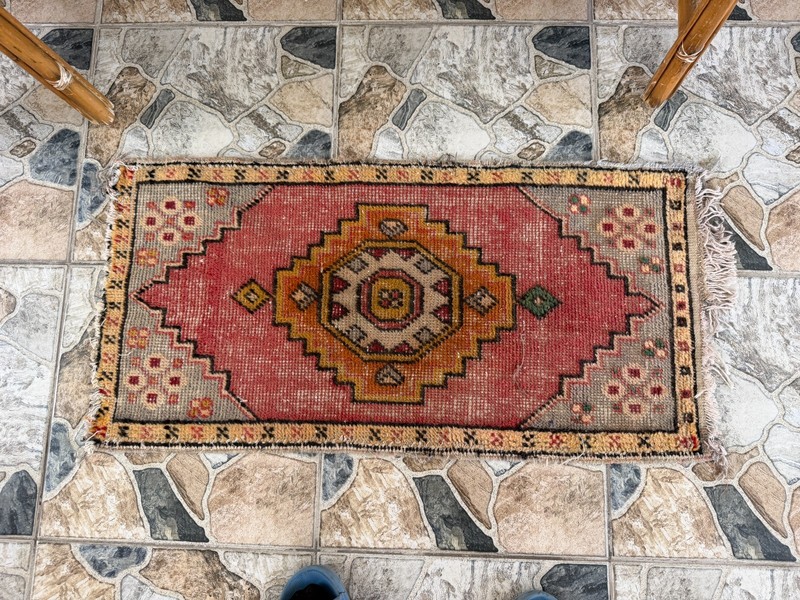 2x3 Vintage Turkish Oushak Rug Small Geometric Rug Accent Entryway Carpet 1990s gallery