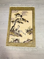 Vintage Antique Silk Peking Rug Tapestry Pictorial Crane’s Green Cream