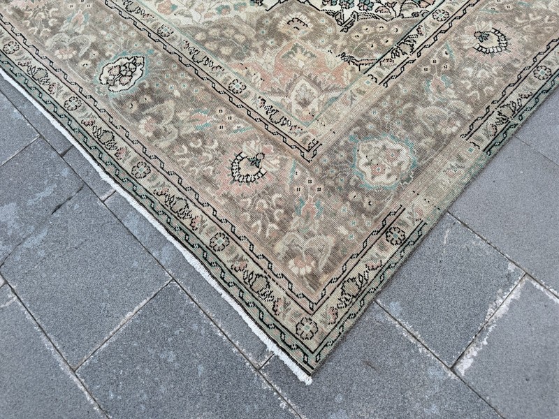 Vintage Turkish Rug 9.8x12.8 ft Beige Blush Pink Wool Handmade Distressed Rug gallery