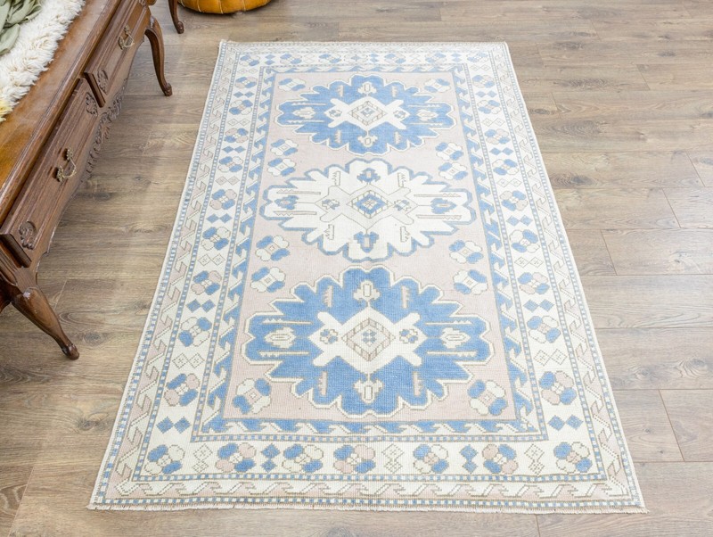 Modern Turkish Oushak Pink Blue Vintage Area Rug 4.2x6.6 ft Handmade Wool Carpet gallery