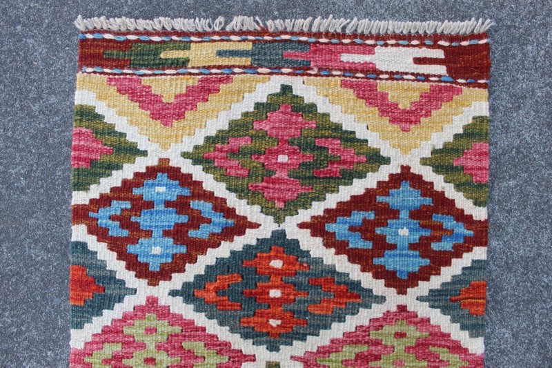 Kilim Vintage Traditional Hand Made Oriental Red Green Wool Small Kilim 90x55cm gallery