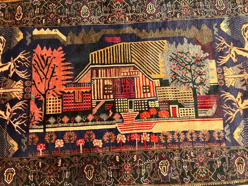 220 X 120 COLLECTORS' ITEM Vintage Stunning Pictorial Shikargah Deer Hunting Rug gallery