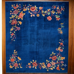 Handmade Chinese Floral Area Rug Blue Wool Vintage Art Deco Oriental Carpet