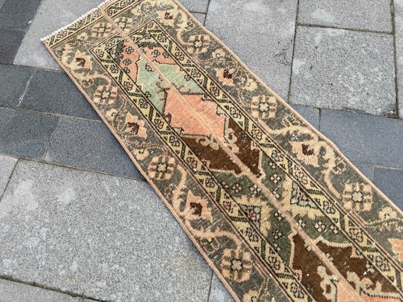 Vintage Turkish Oushak Runner Rug 1.5x12.6 ft Pink Sage Hallway Rug gallery