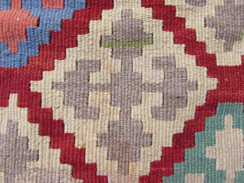 Vintage Traditional Hand Made Oriental Wool Red Blue Small Kilim 141x102cm gallery