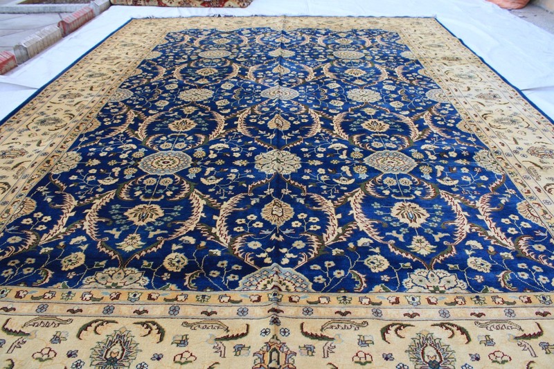 8x12 ft Blue Floral Afghan Rug: Hand-Knotted Wool Turkmen Rug gallery