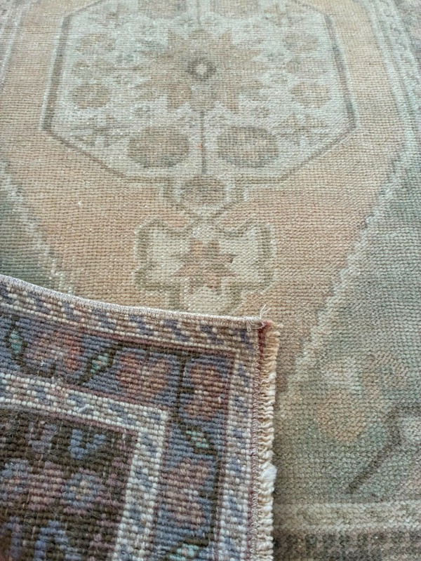 Muted Pink Green 2x4 Small Runner Wool Hand Knotted Vintage Turkish Oushak Rug gallery