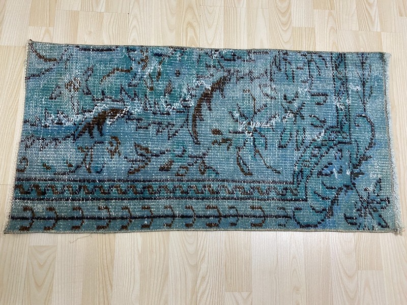 Vintage Anatolian Rug 1.6x3.1 ft Antique Teal Blue Distressed Wool Carpet Mat gallery