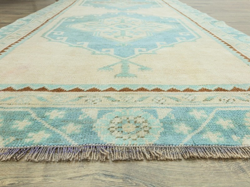 Hand-Knotted Turkish Oushak Wide Runner 4x11 ft – Cream Aqua Coastal Hallway Rug gallery