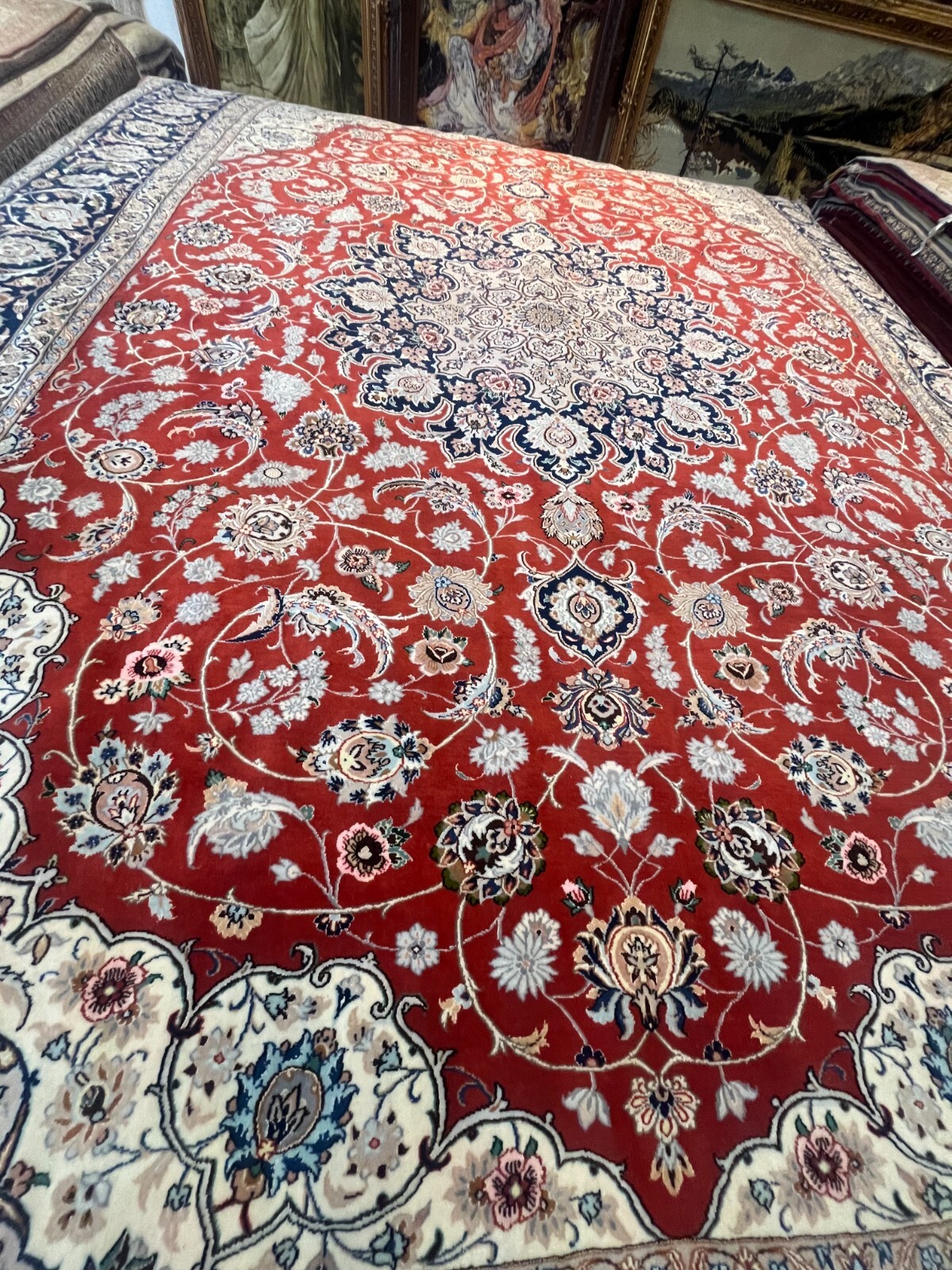 9x12 ESFA hane RUG HAND-KNOTTED SILK Foundation handmade real blue and red 9x12 gallery