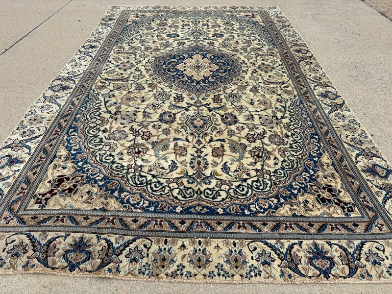 ANTIQUE IVORY ORIENTAL RUG 7x12 HANDKNOTTED vintage blue fine big real handmade gallery