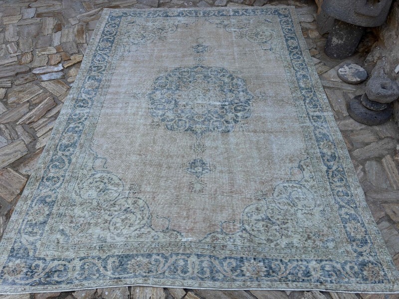 Hand-Woven Medallion Turkish Rug 7x10 Blue Large Wool Carpet Muted for Saloon gallery