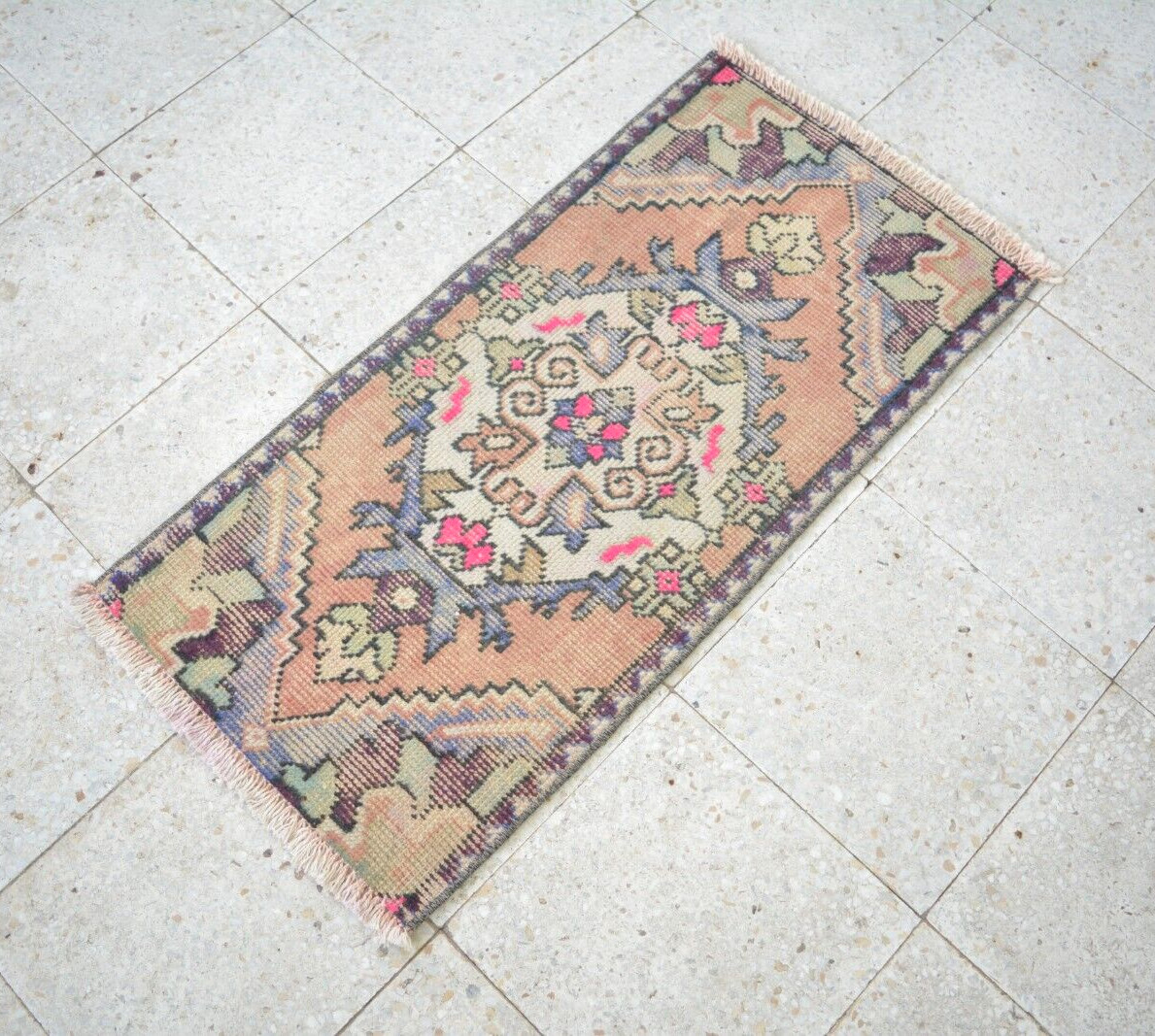 Pink Antique Turkish Hand Knotted Door Mat, 1.5x3.1ft, Multicolor Vintage Rug, gallery