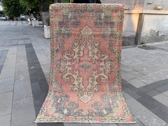 Vintage Turkish Rug 4.3×7.2 Ft Handmade Wool Oushak Area Rug Pink Floral