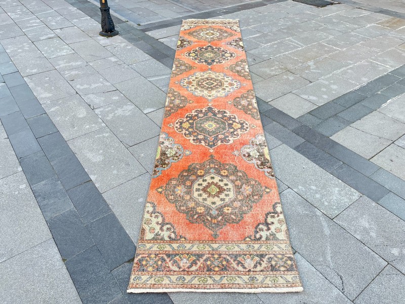 Vintage Turkish Oushak Runner Rug 2.4x12.4 Ft Coral Medallion Wool gallery